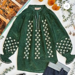 Rungolee Embroidered Silk Top Size XS Green Blue